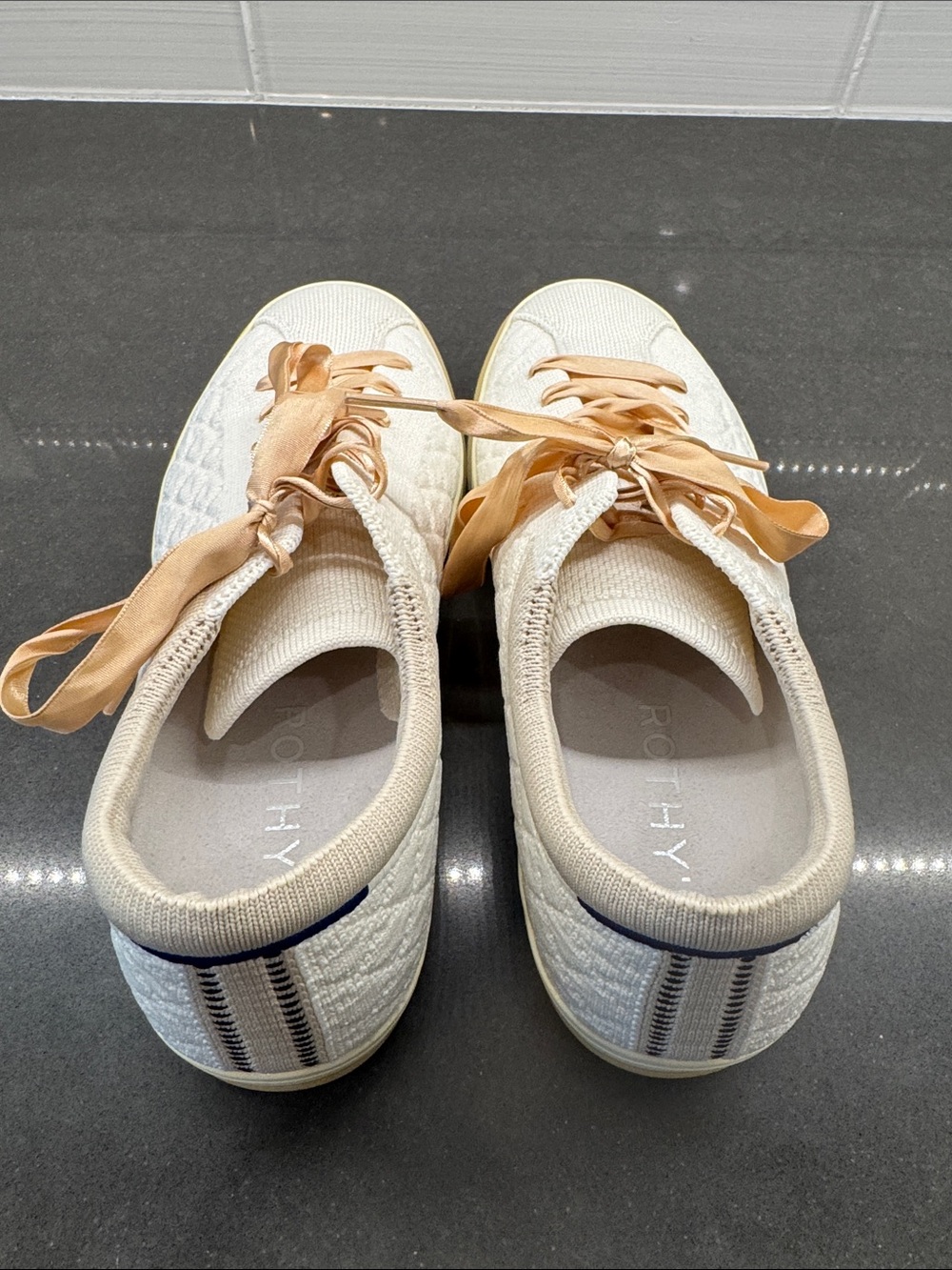 Rothy's Ivory Knit Sneakers with Satin Champagne Laces - Picture 2 of 5